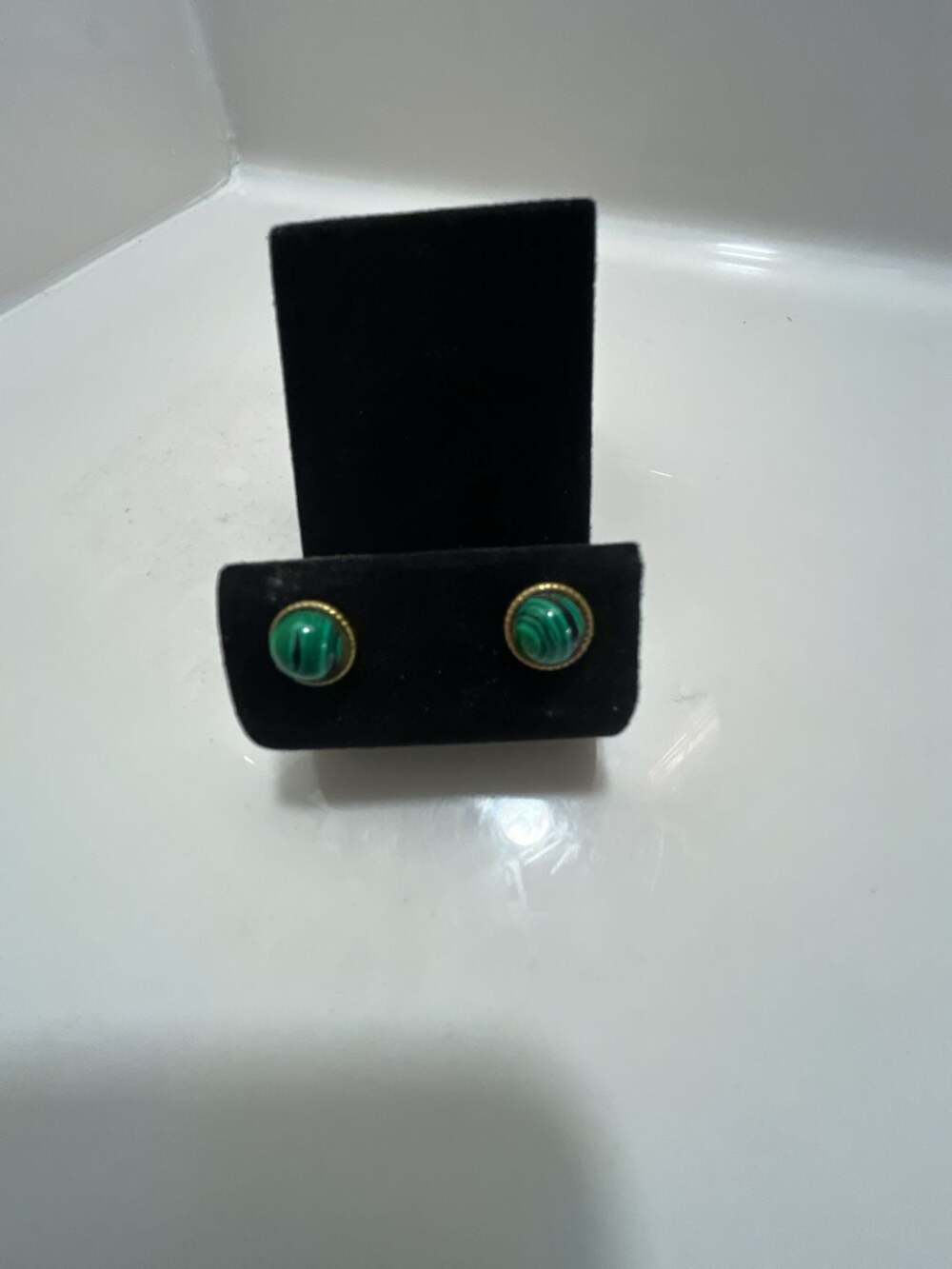 Vintage Gold Tone Malachite Cabochon Stud Earrings